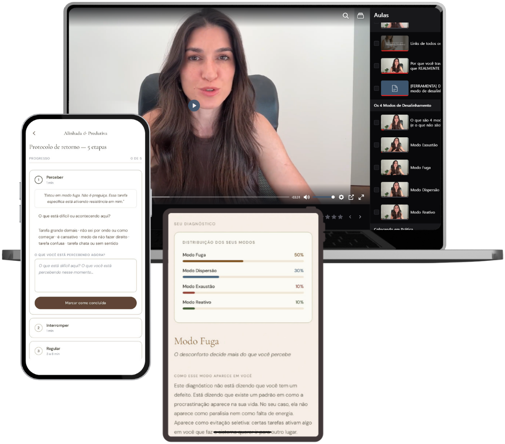 Notebook com aula em vídeo da Érika Rossi, celular com o protocolo de retorno e tablet com o resultado do diagnóstico