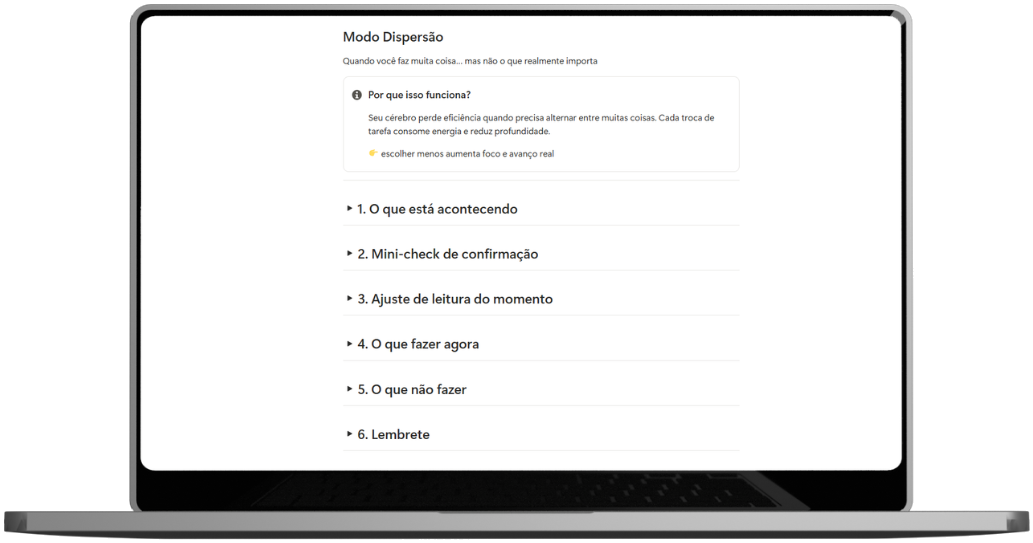 Mockup de notebook mostrando o detalhe de um modo no Notion, com a caixa 'Por que isso funciona?' e a lista de seções do protocolo